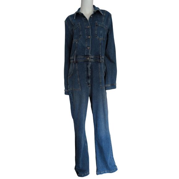 Boyish Denim Jumpsuit Roman About Time Women 12 Bootcut Medium Wash Stretch - Picture 2 of 9